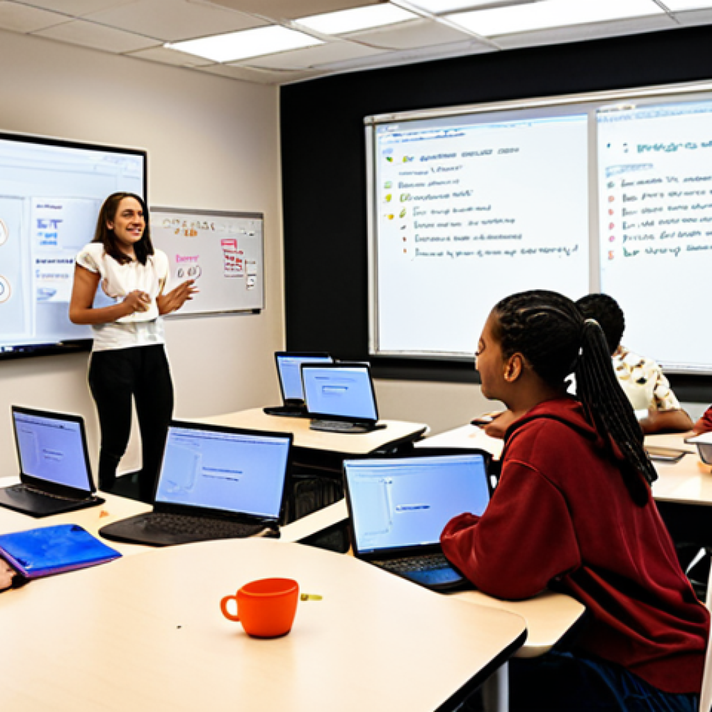 **A diverse group of students enthusiastically engaged in a coding class, with the instructor explaining concepts on a whiteboard. The image should evoke a sense of collaborative learning, with laptops, code snippets, and a positive, encouraging environment. Emphasize the joy of learning and the diversity of the participants.**