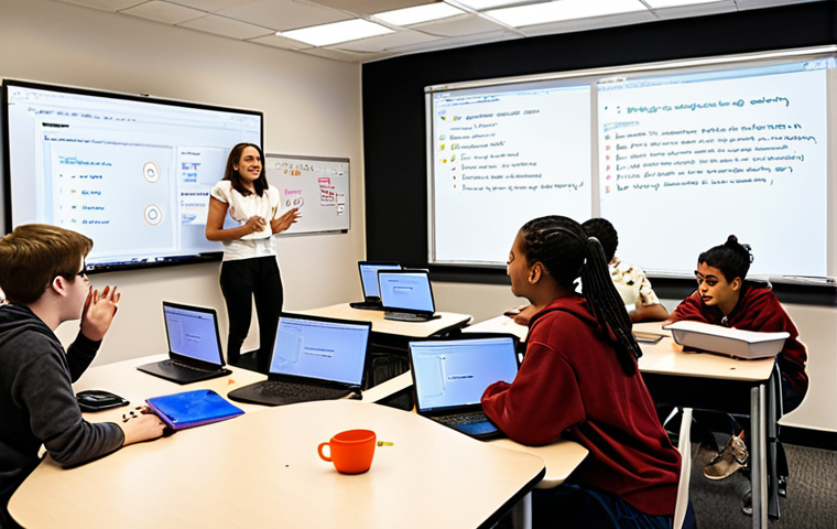 **A diverse group of students enthusiastically engaged in a coding class, with the instructor explaining concepts on a whiteboard. The image should evoke a sense of collaborative learning, with laptops, code snippets, and a positive, encouraging environment. Emphasize the joy of learning and the diversity of the participants.**