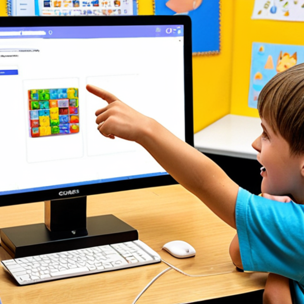 **

A bright and colorful scene of children collaborating on a Scratch project. Show them using block-based coding to create a game with a cat chasing a mouse. Emphasize the excitement and teamwork, with one child pointing at the screen, showcasing a finished game. The setting is a modern classroom filled with computers and creative supplies.

**