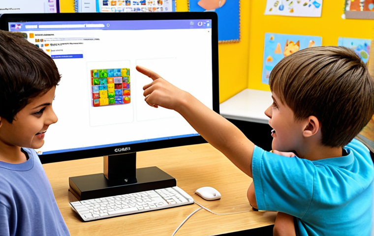 **
A bright and colorful scene of children collaborating on a Scratch project. Show them using block-based coding to create a game with a cat chasing a mouse. Emphasize the excitement and teamwork, with one child pointing at the screen, showcasing a finished game. The setting is a modern classroom filled with computers and creative supplies.
**