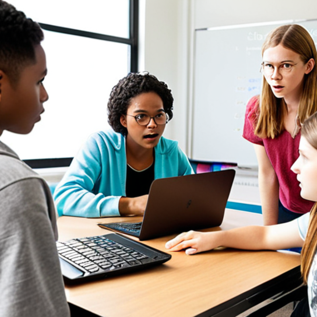 **A supportive programming instructor patiently explaining code to a diverse group of students in a modern, brightly lit classroom. The instructor is pointing at a laptop screen, emphasizing a key concept.** (Focuses on the core instruction activity and inclusivity)