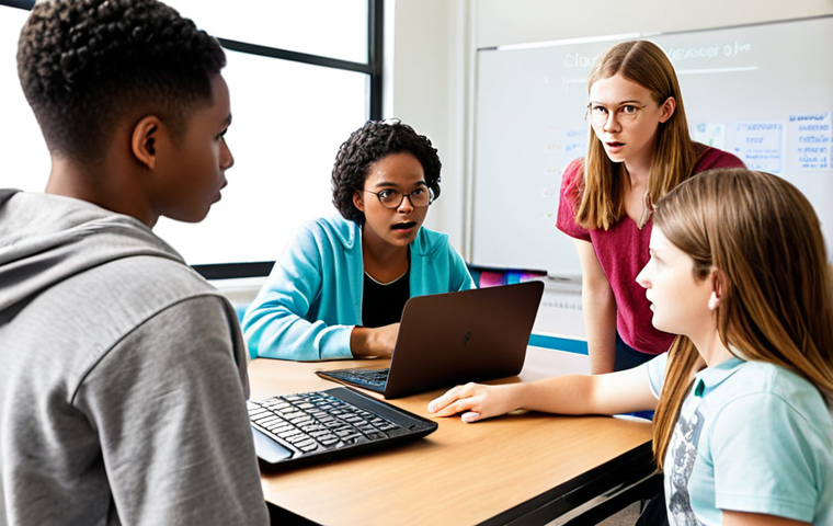 **A supportive programming instructor patiently explaining code to a diverse group of students in a modern, brightly lit classroom. The instructor is pointing at a laptop screen, emphasizing a key concept.** (Focuses on the core instruction activity and inclusivity)