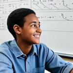 A young, diverse student, fully clothed in modest, casual attire, experiencing a "eureka" moment while working at a computer in a modern, well-lit classroom. Their eyes are wide with understanding, and a subtle smile of realization plays on their lips, capturing the essence of computational thinking. The background features abstract diagrams or code snippets on a whiteboard. Professional photography, high detail, well-formed hands, perfect anatomy, correct proportions, natural pose, safe for work, appropriate content, fully clothed, professional.