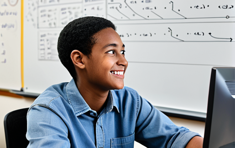 A young, diverse student, fully clothed in modest, casual attire, experiencing a "eureka" moment while working at a computer in a modern, well-lit classroom. Their eyes are wide with understanding, and a subtle smile of realization plays on their lips, capturing the essence of computational thinking. The background features abstract diagrams or code snippets on a whiteboard. Professional photography, high detail, well-formed hands, perfect anatomy, correct proportions, natural pose, safe for work, appropriate content, fully clothed, professional.