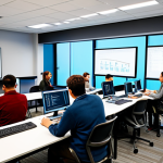 A diverse group of young adult professional students, fully clothed in modest, contemporary attire, actively engaged in a collaborative project-based learning session in a bright, modern tech classroom. They are seated at ergonomic desks, using multiple computer screens, with one pair practicing pair programming. Whiteboards in the background display diagrams and problem-solving notes. The atmosphere is vibrant with focused discussion and teamwork. Perfect anatomy, correct proportions, natural pose, well-formed hands, proper finger count, professional photography, high quality, safe for work, appropriate content, fully clothed, professional, family-friendly.