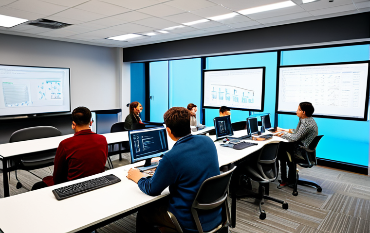 A diverse group of young adult professional students, fully clothed in modest, contemporary attire, actively engaged in a collaborative project-based learning session in a bright, modern tech classroom. They are seated at ergonomic desks, using multiple computer screens, with one pair practicing pair programming. Whiteboards in the background display diagrams and problem-solving notes. The atmosphere is vibrant with focused discussion and teamwork. Perfect anatomy, correct proportions, natural pose, well-formed hands, proper finger count, professional photography, high quality, safe for work, appropriate content, fully clothed, professional, family-friendly.