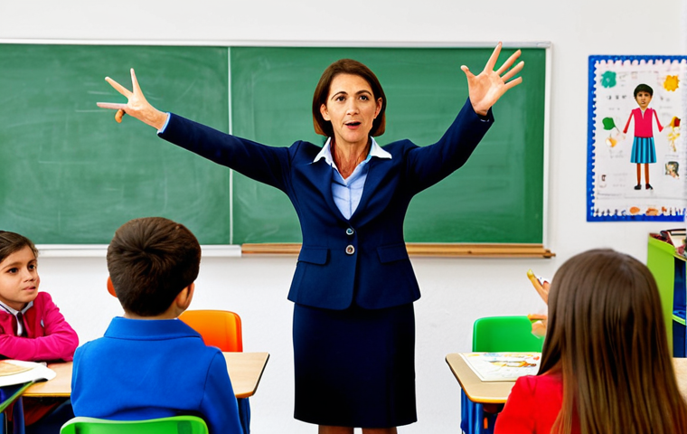 Charismatic Teacher**
"A warm, engaging Spanish teacher, fully clothed in professional attire, stands in a bright, modern classroom in Madrid. She's gesturing expressively while telling a captivating story to a diverse group of young students. The room is filled with colorful learning materials and student artwork. Perfect anatomy, natural pose, well-formed hands, proper finger count, appropriate content, safe for work, family-friendly, high quality."
**