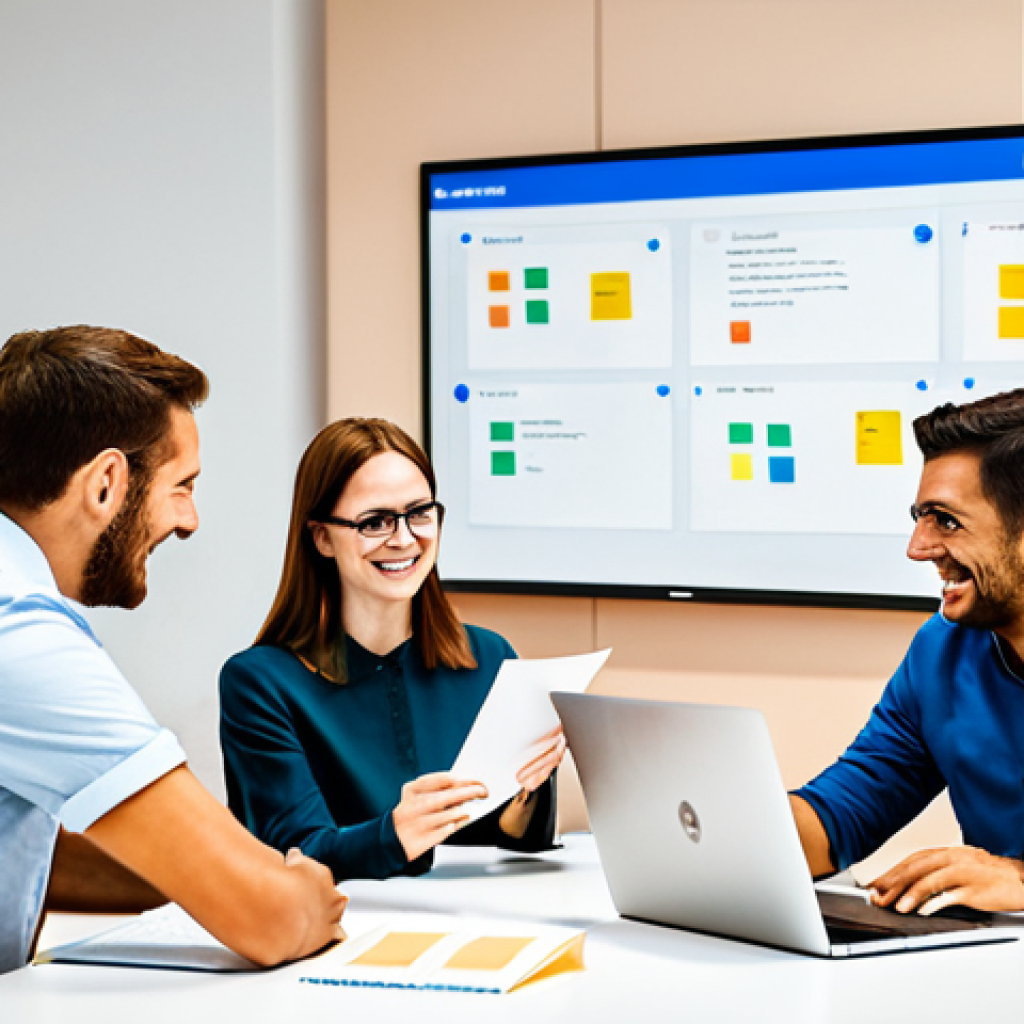 Collaborative Planning Session**
Prompt: A bright, modern office scene. Three colleagues, dressed in business-casual attire (fully clothed, appropriate content, professional), are gathered around a large screen displaying a Trello board. They are actively discussing project tasks, with smiles and engaged expressions. Focus on collaboration and problem-solving. Include sticky notes, laptops, and coffee cups on the table. Safe for work, perfect anatomy, natural proportions, professional, family-friendly.
**