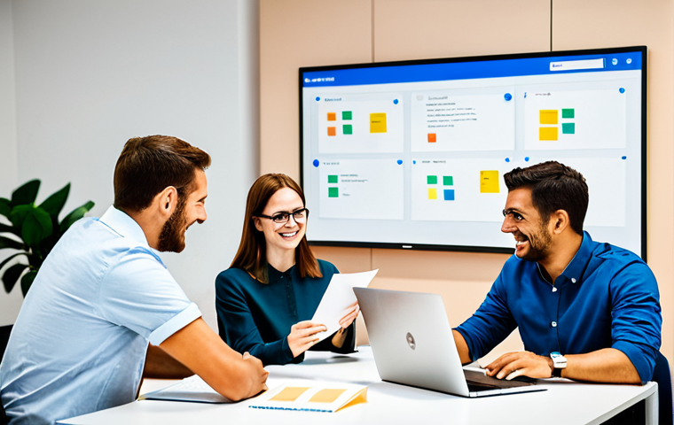 Collaborative Planning Session**
Prompt: A bright, modern office scene. Three colleagues, dressed in business-casual attire (fully clothed, appropriate content, professional), are gathered around a large screen displaying a Trello board. They are actively discussing project tasks, with smiles and engaged expressions. Focus on collaboration and problem-solving. Include sticky notes, laptops, and coffee cups on the table. Safe for work, perfect anatomy, natural proportions, professional, family-friendly.
**