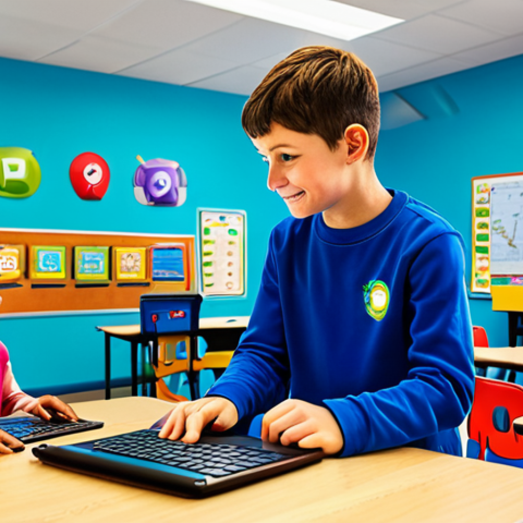 A Gamified Learning Experience**
A vibrant classroom scene where children are fully engaged in programming, appropriate attire, using tablets and laptops, coding interfaces displayed, surrounded by colorful game-themed decorations and charts displaying progress, safe for work, a friendly instructor interacting with a student, perfect anatomy, correct proportions, well-lit environment, professional, family-friendly.
**