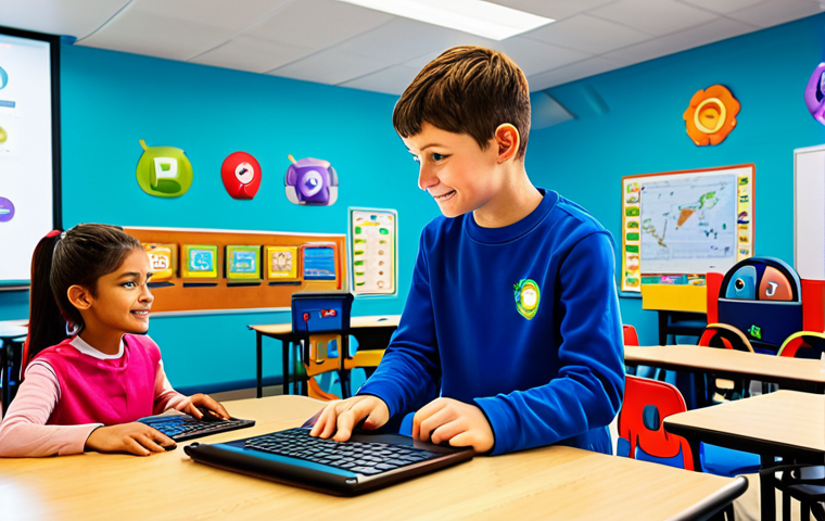 A Gamified Learning Experience**
A vibrant classroom scene where children are fully engaged in programming, appropriate attire, using tablets and laptops, coding interfaces displayed, surrounded by colorful game-themed decorations and charts displaying progress, safe for work, a friendly instructor interacting with a student, perfect anatomy, correct proportions, well-lit environment, professional, family-friendly.
**