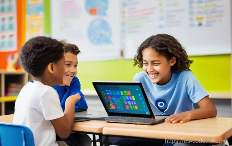 코딩교육지도사와 학습 활동 평가 사례 - **Prompt:** A diverse group of elementary school children, aged 8-10, are enthusiastically gathered ...