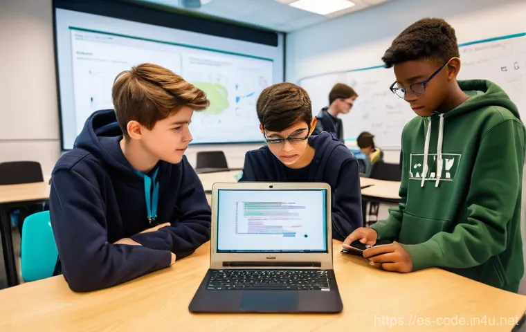 코딩교육지도사와 학습 활동 평가 사례 - **Prompt:** A diverse group of elementary school children, aged 8-10, are enthusiastically gathered ...