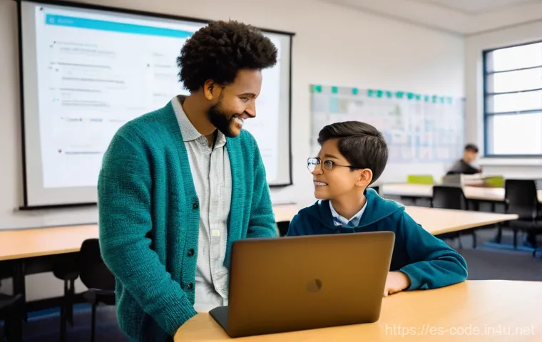 코딩교육지도사와 실습 기반 교육 사례 - **Prompt:** A vibrant, dynamic illustration of a young, diverse software developer (wearing a clean,...