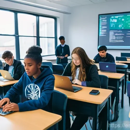 Home 16 코딩교육지도사와 관련된 학회 및 세미나 - A brightly lit, modern classroom filled with a diverse group of high school students (ages 15-17) ac...