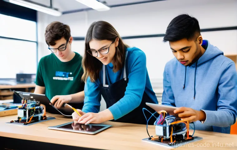 코딩교육지도사와 관련된 학회 및 세미나 - A brightly lit, modern classroom filled with a diverse group of high school students (ages 15-17) ac...