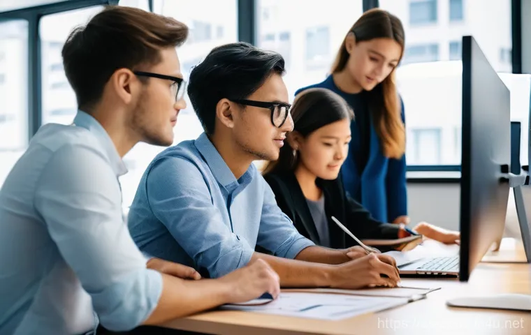 코딩교육지도사와 관련된 학회 및 세미나 - A bustling and organized university makerspace or robotics lab, bathed in warm, inviting light. A gr...