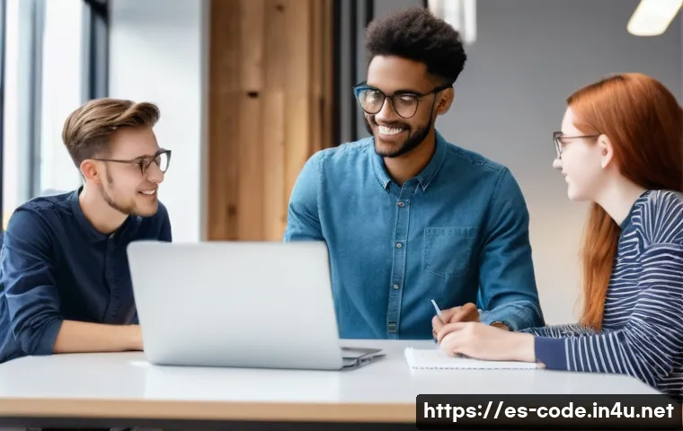 코딩교육지도사와 직업 교육 사례 분석 - **Prompt:** A diverse group of young adults, two men and two women, in a brightly lit, modern co-wor...