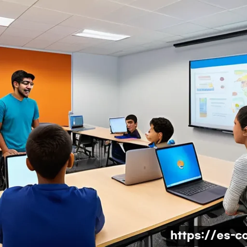 코딩교육지도사로서 연말 강의 평가 보고서 - A modern classroom setting with diverse Spanish-speaking students actively engaged in a collaborativ...