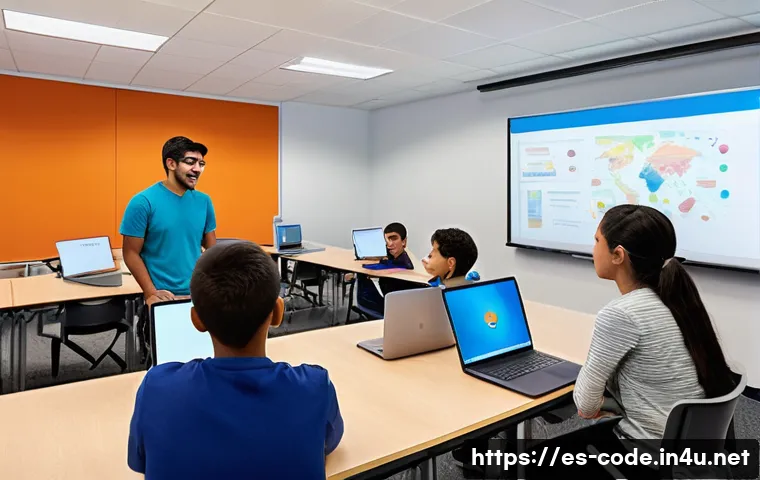 코딩교육지도사로서 연말 강의 평가 보고서 - A modern classroom setting with diverse Spanish-speaking students actively engaged in a collaborativ...