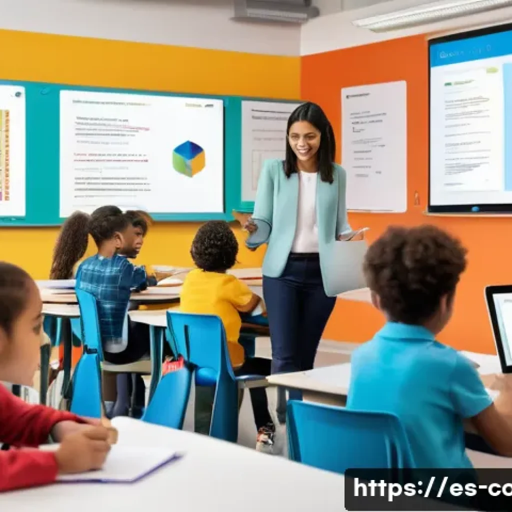 코딩교육지도사와 에듀테크 산업 연계 - A modern classroom scene in a Spanish-speaking urban school, featuring diverse students using tablet...