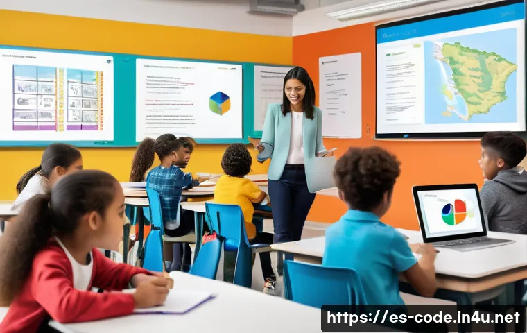 코딩교육지도사와 에듀테크 산업 연계 - A modern classroom scene in a Spanish-speaking urban school, featuring diverse students using tablet...