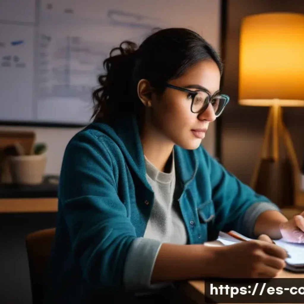 코딩교육지도사 실기 시험 대비법 - A focused young Hispanic woman sitting at a modern desk in a cozy home office, using a laptop with V...