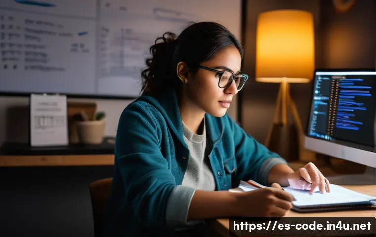코딩교육지도사 실기 시험 대비법 - A focused young Hispanic woman sitting at a modern desk in a cozy home office, using a laptop with V...