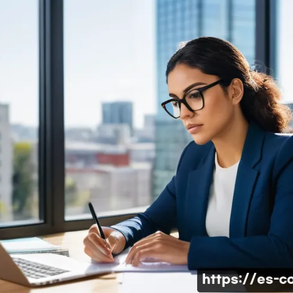 코딩교육지도사와 비즈니스 교육 사례 - A professional Hispanic woman in her late 20s sitting at a modern desk in a bright home office, codi...
