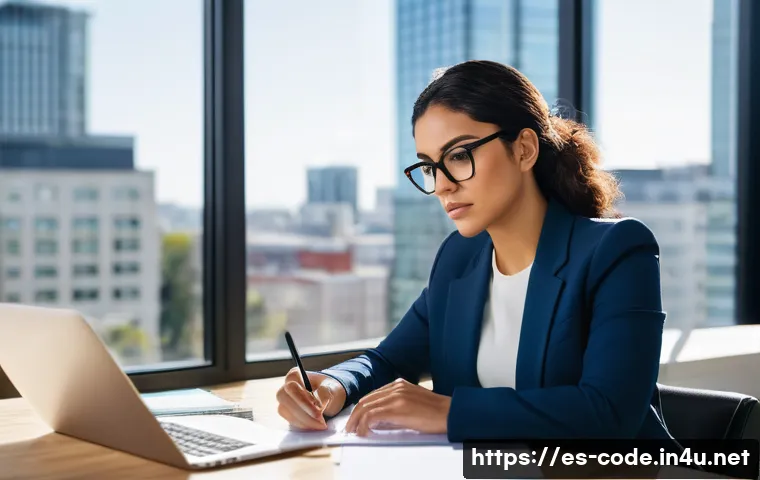 코딩교육지도사와 비즈니스 교육 사례 - A professional Hispanic woman in her late 20s sitting at a modern desk in a bright home office, codi...