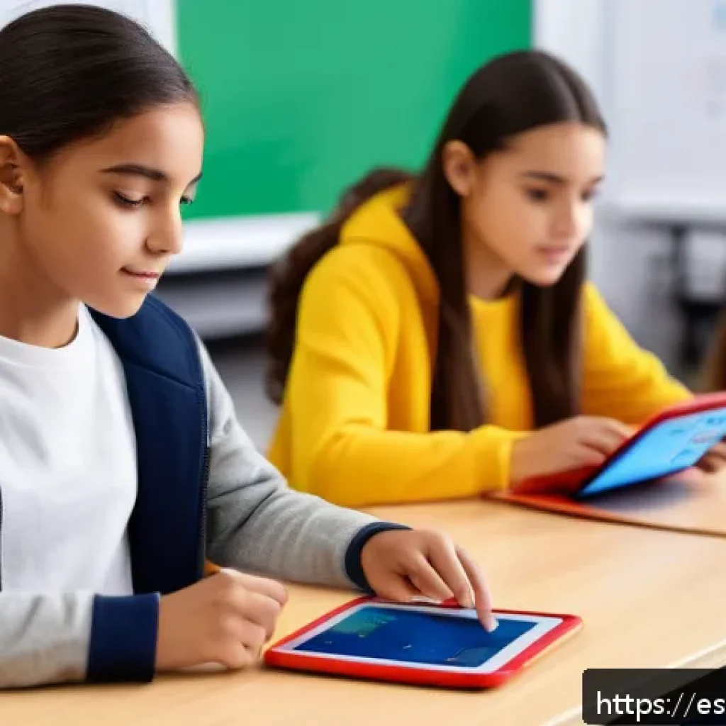 코딩교육지도사와 학습 경험 디자인 - A modern classroom scene with diverse Spanish-speaking students engaged in personalized digital lear...