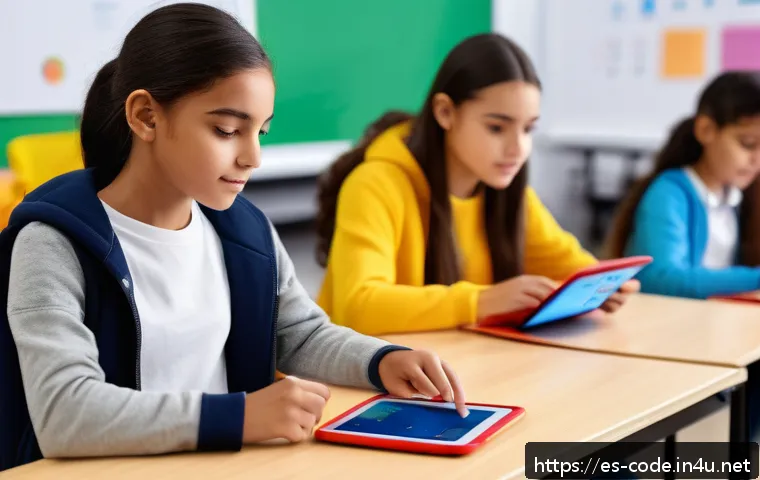 코딩교육지도사와 학습 경험 디자인 - A modern classroom scene with diverse Spanish-speaking students engaged in personalized digital lear...