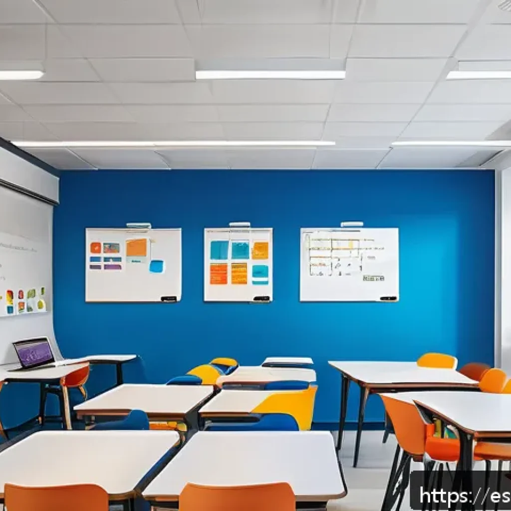 코딩교육지도사와 학습 환경 설계 사례 - A modern, bright classroom designed for collaborative programming learning in a Spanish-speaking cou...