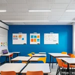 코딩교육지도사와 학습 환경 설계 사례 - A modern, bright classroom designed for collaborative programming learning in a Spanish-speaking cou...