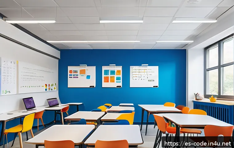 코딩교육지도사와 학습 환경 설계 사례 - A modern, bright classroom designed for collaborative programming learning in a Spanish-speaking cou...