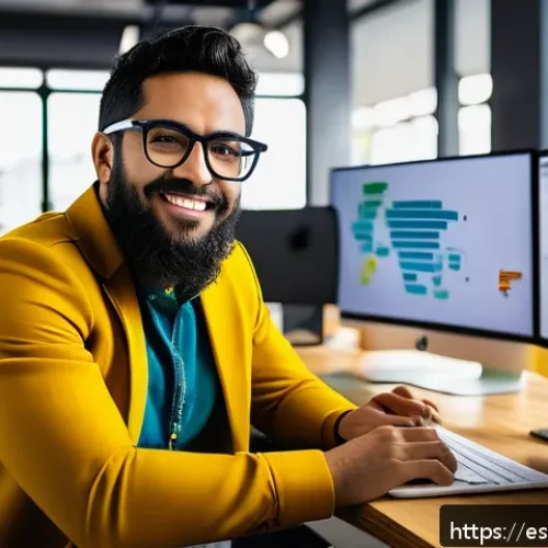 코딩교육지도사 자격증 취득 후 커리어 계획 - A professional Hispanic software developer in a modern coworking space, sitting at a sleek desk with...