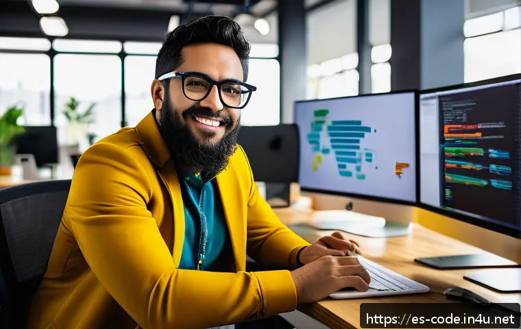 코딩교육지도사 자격증 취득 후 커리어 계획 - A professional Hispanic software developer in a modern coworking space, sitting at a sleek desk with...