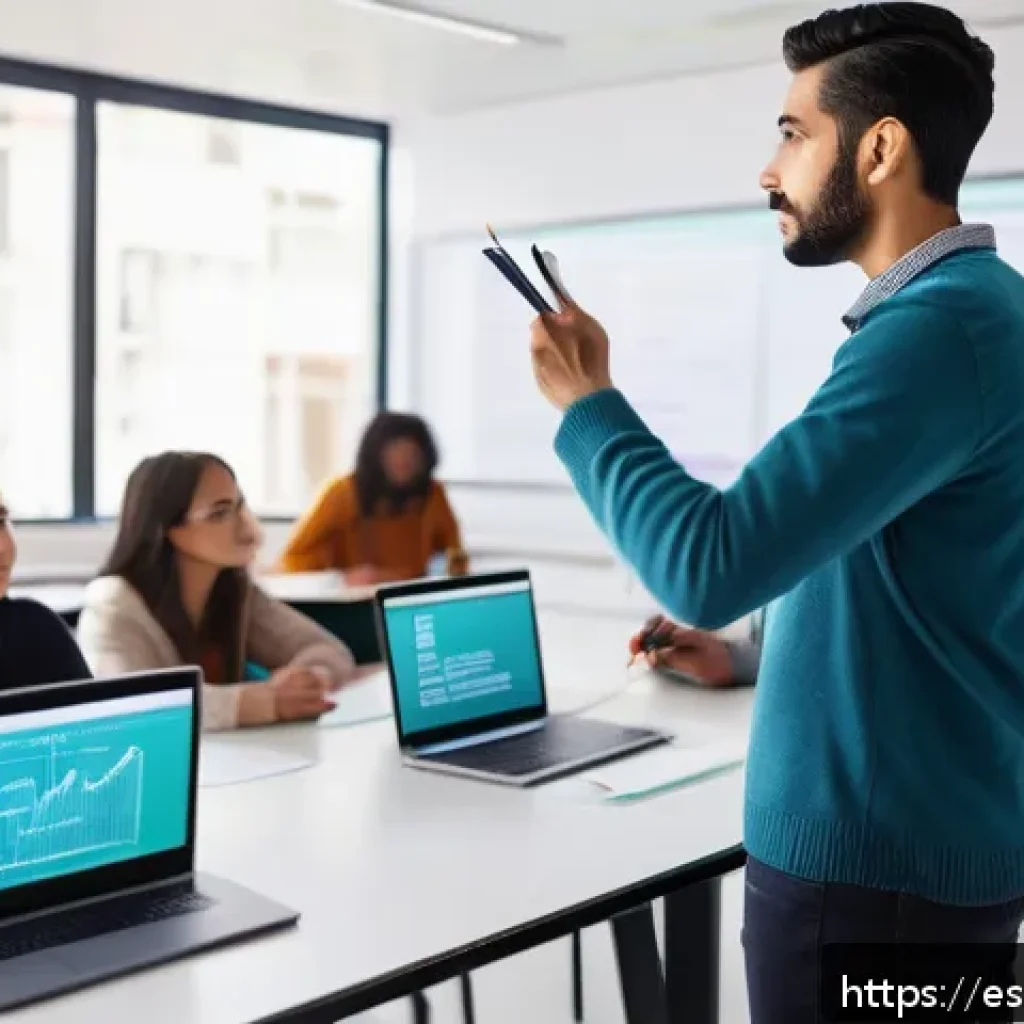 코딩교육지도사 자격증 취득 난이도 분석 - A professional Spanish programming instructor standing confidently in a modern classroom setting, te...