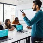 코딩교육지도사 자격증 취득 난이도 분석 - A professional Spanish programming instructor standing confidently in a modern classroom setting, te...