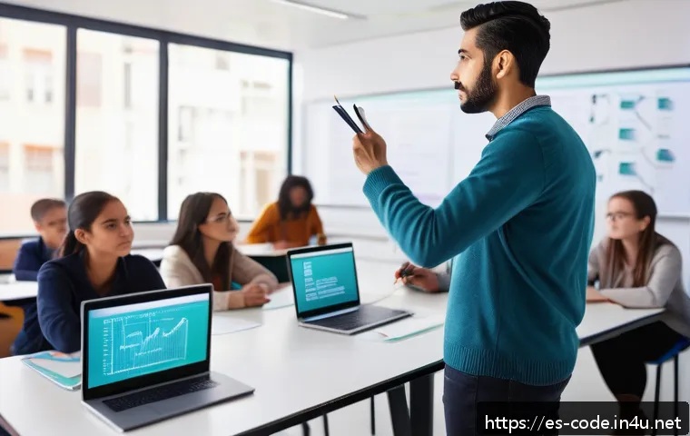 코딩교육지도사 자격증 취득 난이도 분석 - A professional Spanish programming instructor standing confidently in a modern classroom setting, te...