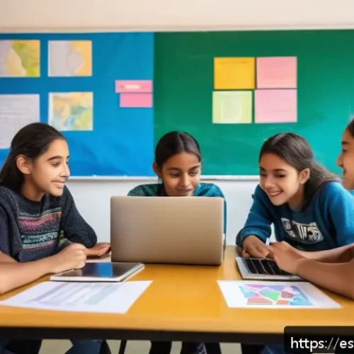 코딩교육지도사 커리큘럼 개발 팁 - A vibrant classroom scene in a Latin American school where diverse students collaborate on a coding ...