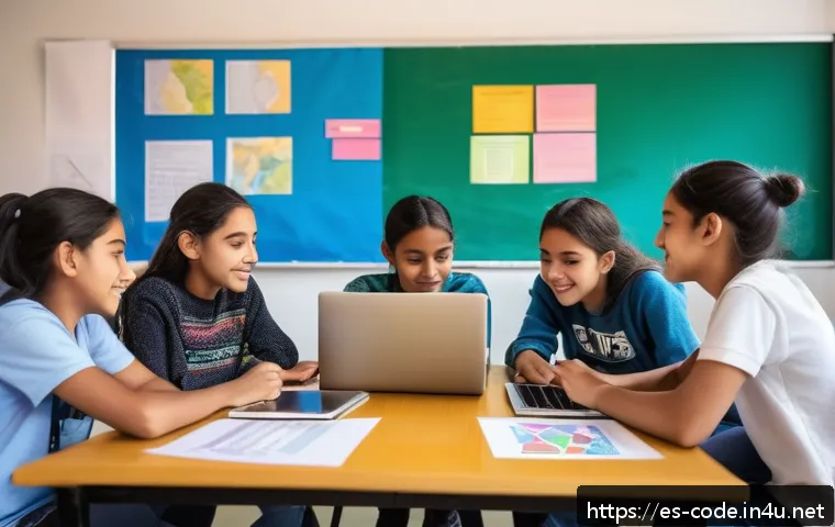 코딩교육지도사 커리큘럼 개발 팁 - A vibrant classroom scene in a Latin American school where diverse students collaborate on a coding ...