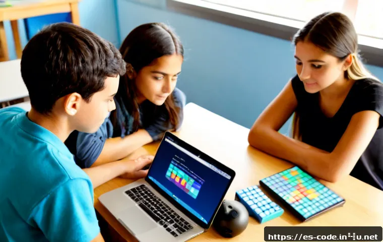 코딩교육지도사와 미래 교육 기술 - Photorealistic Spanish coding education instructor guiding a diverse group of teenage students in a ...