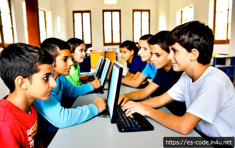 Home 17 코딩교육지도사와 성과 기반 교육 사례 - Photorealistic coding education mentor guiding a small group of Spanish-speaking teenagers in a brig...